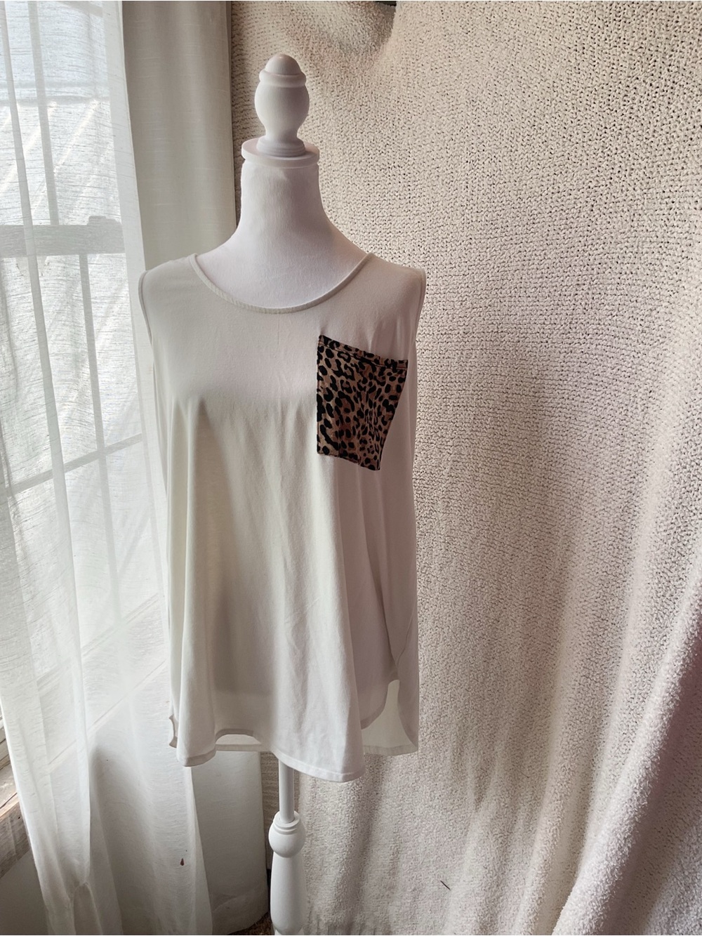 Zenana Outfitters Cream Tank with Leopard Pocket